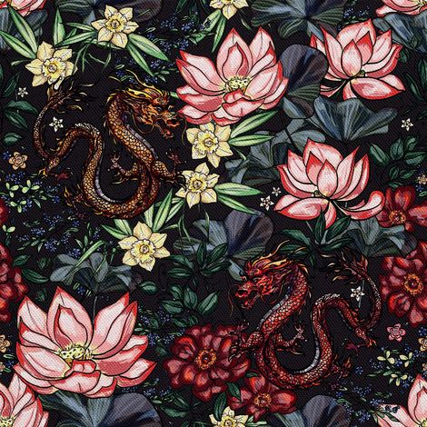 Tela decorativa para exteriores tipo oxford con estampado de dragón chino entre flores. (1/5)