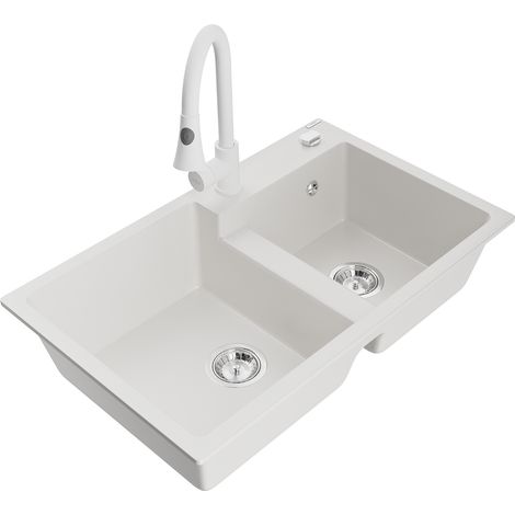 Mexen Tomas fregadero de granito de 2 compartimentos con grifo de cocina Elia, blanco - 6516-20-670101-20 (1/5)