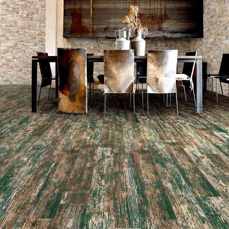 Aelle - Carrelage sol / mur effet bois vieilli vert 14,4 x 89,3 cm YUGO R MAR - Vendu par boîte de 1.29 m²