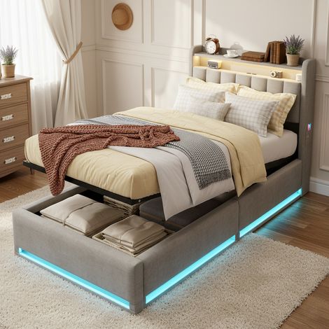 Lit simple coffre 90x200, lit 90x200 avec sommier, lit capitonnée avec LED intégrée et port de charge USB, rangements, velours, Gris (1/5)