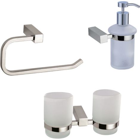 Set bagno 3 pezzi doppio bicchiere + dispenser sapone vetro satinato + portasalviette con gancio, cromo (ELEMULTI-SET6)