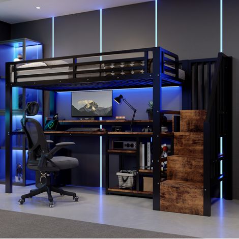Lit mezzanine 90x200 cm noir en métal et MDF avec rangements, LED et ports USB-C (1/5)