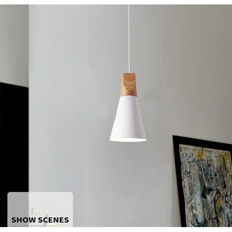 Stoex – Suspension luminaire moderne blanche – Abat-jour métal et bois – Hauteur 17 cm, diamètre 14 cm – Ampoule E27 non incluse