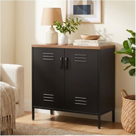 Buffet 80x40x80cm Style Industriel Métal Noir - Buffet salon - Rangement 2 Portes, Étagère Réglable, Plateau Effet Bois, Antirouille (1/5)