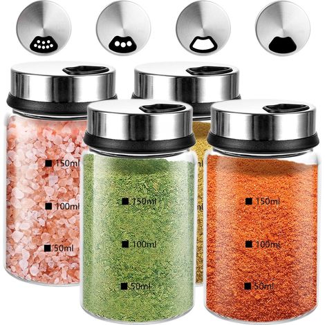 Lot de 4 Pot a Epices en Verre, Pot à Epices 150ml, Pot Epices Verre avec 3 Trous à Épices, Salieres et Poivrieres avec Couvercle, Pots à Épices pour Cuisine, Grill Extérieur, Cuisson (1/5)