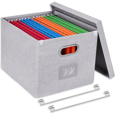 Boîtes de rangement avec couvercle - Boîte à dossiers suspendus en panneau de fibres et papier - Aspect lin élégant - Gris clair (1/5)