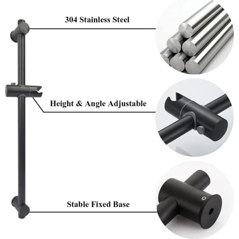 Asta doccia nera, asta doccia in acciaio inox 304 con staffe di montaggio regolabili in altezza e angolazione, finitura spazzolata, altezza totale 660 mm (1/4)