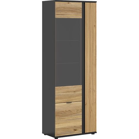 Vitrine haute à 3 portes et décor lamelles,coloris Chêne/Noir - Longueur 70 x Profondeur 39,5 x Hauteur 196 cm (1/5)