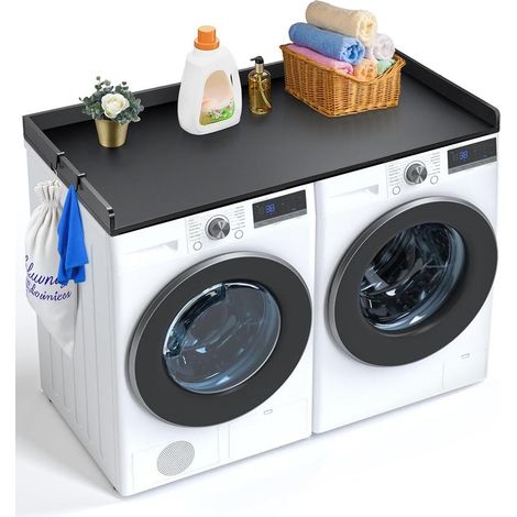 Comptoir Lave-Linge et Sèche-Linge 137x70 cm Plateau Buanderie Bois P2 Résistant à l'Eau Patins Antidérapants Noir (1/5)