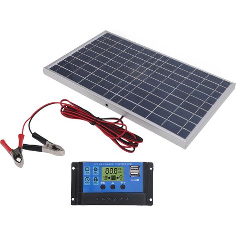 Panneau solaire 10 W 12 V polycristallin étanche IP65, contrôleur de charge solaire portable 30 A pour extérieur (1/5)