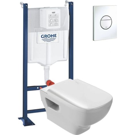 WC suspendu sans bride Jacob Delafon Struktura + abattant + Bâti support + Sail Plaque de commande WC rond blanc (1/5)