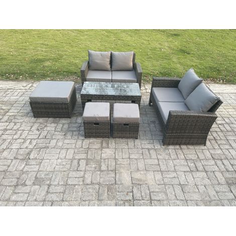 Fimous 7 Places Dossier haut Ensemble de meubles de jardin en rotins ave Table basse rectangulaire 3 Tabouret Doppelsofa Gris foncé (1/5)