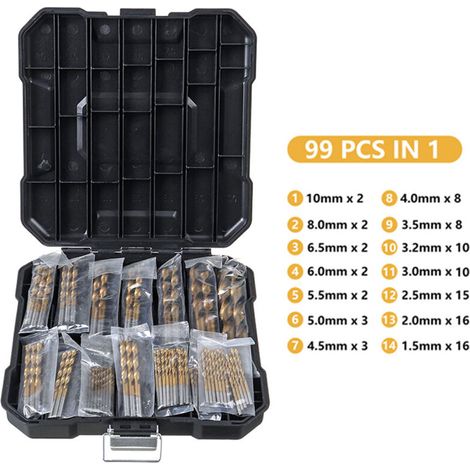 Jeffergarden Coffret de 99 forets hélicoïdaux à queue droite en acier rapide avec revêtement titane, accessoires de perçage et de poinçonnage inclus. (1/5)