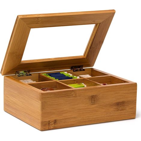 Relaxdays Bamboo Tea Box, 6 Compartments, Tea Bag Chest, Wooden With Closable Lid & Window, HWD: 9 x 22 x 16 cm, Brown