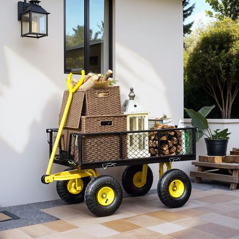 Charge de chariot 200 kg noires de jardin basculant avec panneaux latéraux amovibles et 4 roues pneumatiques et jaunes