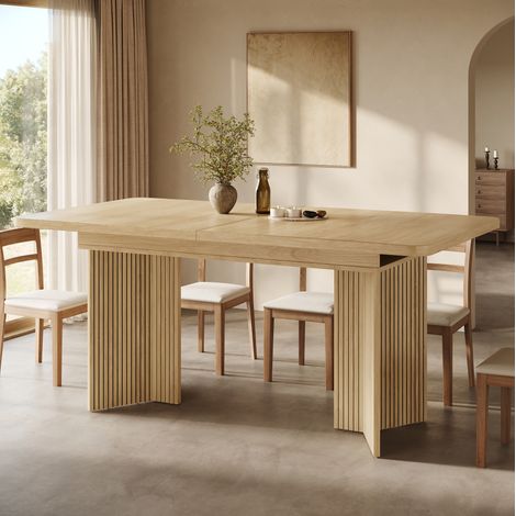 Table à manger extensible 120-160x80x76,1 cm en MDF et métal, bois clair, gain de place – MEUBLIV (1/5)