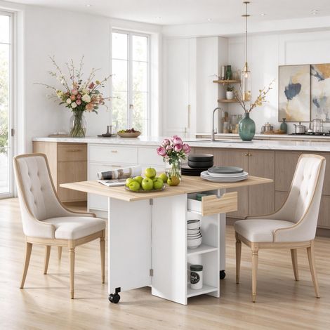 Table de salle à manger pliante, table de cuisine extensible pour 2 à 4 personnes avec 2 rallonges pliantes (uniquement avec 1 table de salle à manger) (1/5)