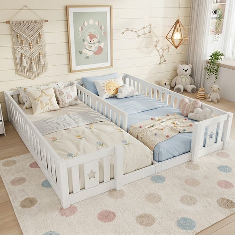 Montessori-Hausbett für Kinder 180x200 cm, Bodenbett mit Rausfallschutz und Lattenrost, massives Kiefernholz - Weiß