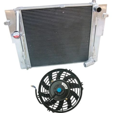 Radiador de aluminio, tamaño del núcleo 49,3 cm de alto x 49,4 cm de ancho, tamaño total 49,4 cm de alto x 61 cm de ancho, diámetro de entrada/salida 3,8 cm, 3 filas, incluye ventilador y kits de mont (1/5)