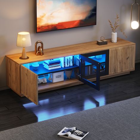 Mueble TV 180x40x45 cm, con 4 puertas, 3 niveles de almacenamiento, luz LED, vidrio templado, aglomerado, natural y negro (1/5)