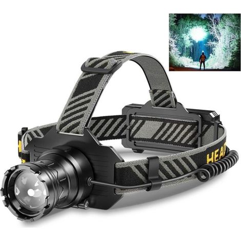 Nouveau Lampe Frontale 100000 Lumens Rechargeable - Zoom Variable, IPX7 Étanche - Idéal pour Course à Pied, Pêche, Camping, (Noir) (1/5)