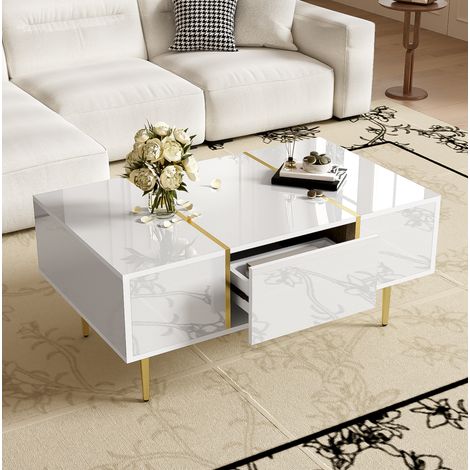 table salon rangement 2 tiroirs 100 cm blanc brillant HAVRYA (1/5)