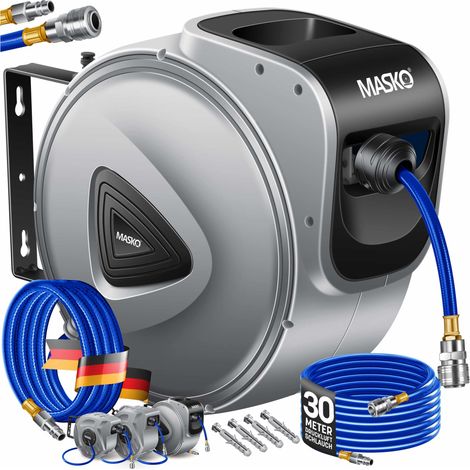 MASKO® Avvolgitubo per aria compressa attacco automatico 1/4 - Avvolgitubo a parete Portagomma Avvolgitubo per aria compressa Grigio / 30m