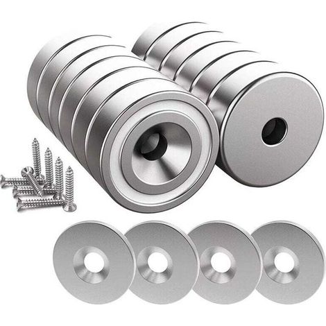 12 aimants néodyme (N52), 10 kg par pièce, 20 × 7 mm avec trou central, étui de protection inclus, socle conique + vis + 12 rondelles en acier inoxydable (argenté) (1/5)