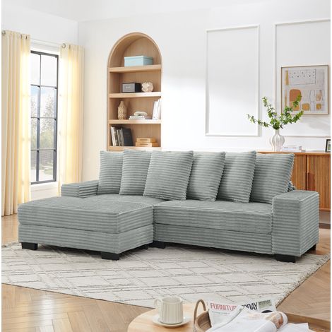 Divano angolare 256,5/133,5/89 cm grigio con chaise longue reversibile e 6 cuscini (1/5)