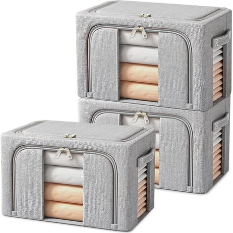 Lot de 3 Sacs de Rangement Vetement, 24 L Boîte de Rangement Pliable avec Cadre en Métal, Boite de Rangement Vetement pour Vêtements Édredons, Couvertures, Oreillers-Gris, 3x24L (1/5)