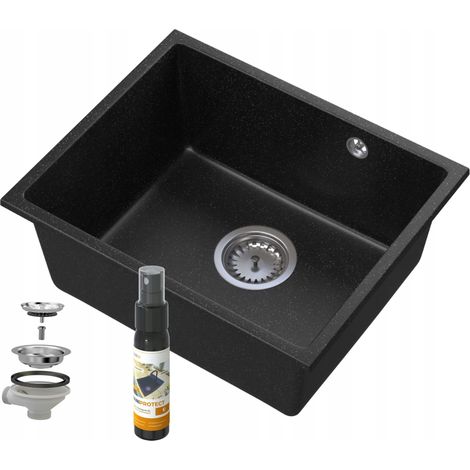 Évier de cuisine en granit Manado 46 × 37.5 cm sous plan noir avec distributeur et siphon (1/5)