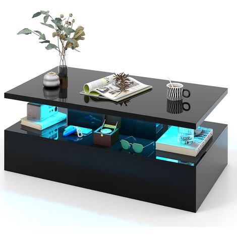 COSTWAY Mesa de Café LED, Mesa Moderna de Café de 2 Niveles Brillante con Colores de Luz Ajustables en Velocidad, Control Remoto, Mesa de Café Rectangular Contemporánea para Sala de Estar, Negro (1/5)