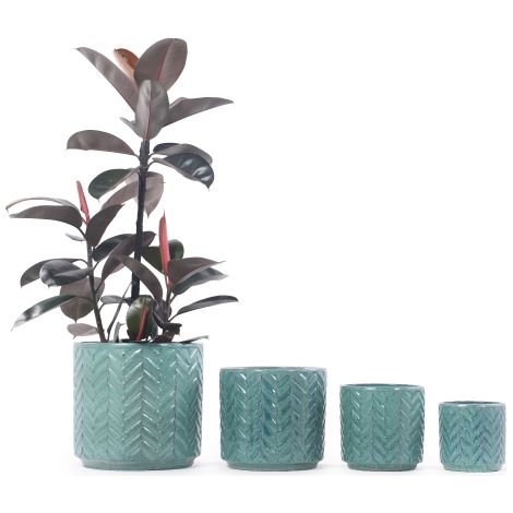 Pot de fleurs individuel en céramique de taille moyenne Ø31,5 cm, bleu turquoise brillant avec motif à chevrons sur tout le pourtour, respirant, résistant au gel et muni d'un trou de drainage, pour pl (1/5)