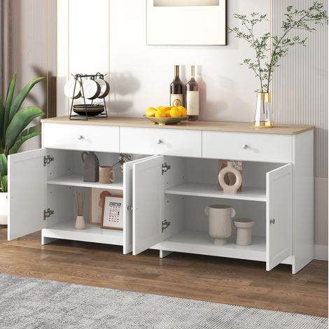 Aparador (160x37x75 cm), con tres cajones, cuatro puertas y baldas regulables, MDF blanco y color madera (1/5)