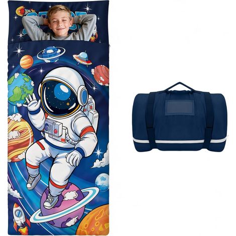 Sac de Couchage Enfant, Tapis de Sieste Pliable 170×75cm,Astronaute bleu (1/5)