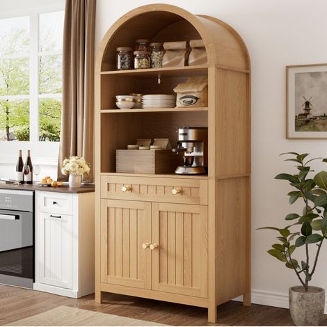 Mobile dispensa alto 76x40x180 cm con ripiani aperti, cassetto e portaspezie interno, MDF e truciolare naturale (1/5)