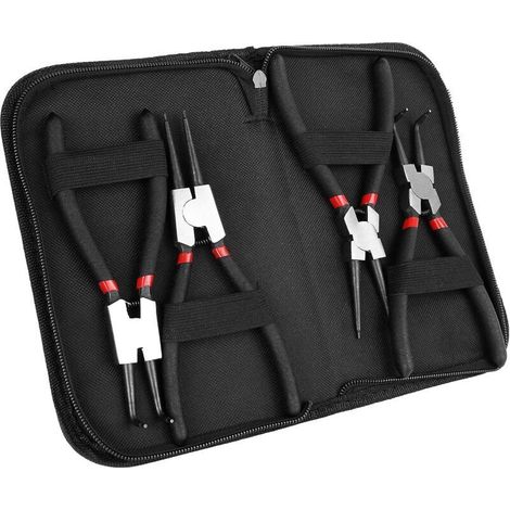 Set mit 4 7-Zoll-Sicherungsringzangen für Innen- und Außenringe, robustes Sicherungsringzangen-Set, Zangen mit geraden und gebogenen Backen zum Entfernen von Ringen und Rohren, inklusive Aufbewahrungs (1/4)