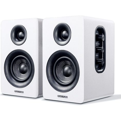 Enceintes Bibliothèque Actives Bluetooth 5.0 3“, DAC 24 Bits  60W Fibre de Carbone, Entrées USB et AUX 3,5 mm, Son Surround 3D Dynamique, 2.0 PC Moniteur Gaming (Paire, Blanc) (1/5)