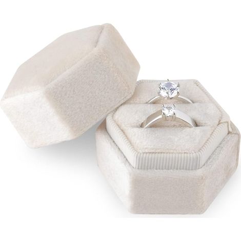 Boîte à Bagues en Velours, pour Bijoux Fentes Doubles Hexagone Boîte à Bague pour Fiançailles Cérémonie Mariage Saint Valentin Tenant 2 Bagues (Beige)