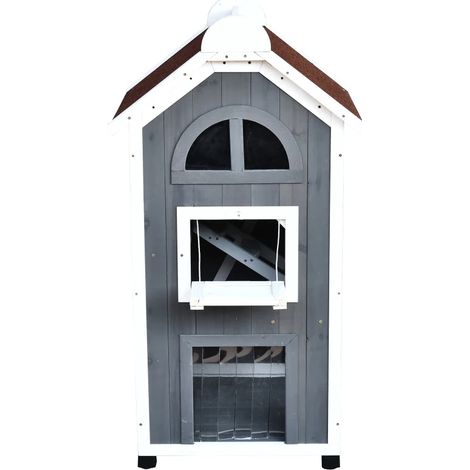 Casa para gatos de 2 niveles de madera con techo asfáltico, gris, 59x55x109 cm HOMVRA (1/5)