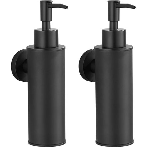 Lot de 2 distributeurs de savon muraux en acier inoxydable, 180 ml, tête de pompe ABS, noir mat, pour salle de bain et cuisine. (1/5)