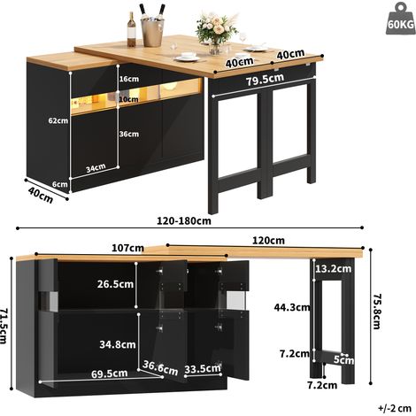 Table de bar pivotante 360° avec éclairage LED intégré, longueur ajustable 120-180 cm, îlot central moderne avec tiroirs de rangement, parfait pour cuisine, salon, salle à manger ou bureau. (1/5)