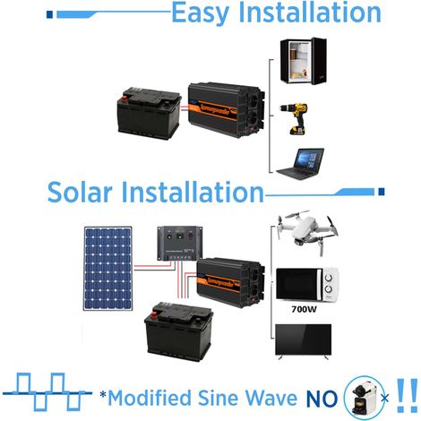 Edecoa – Convertisseur de tension 12V à 220V 3000W – Onde sinusoïdale modifiée – Télécommande et 2 ports USB – Compatible panneaux solaires