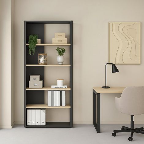 Dmora - Estante para libros Colette, Estante de oficina, Porta libros móvil, Biblioteca, 80x34 h205 cm, Roble y Gris (1/5)