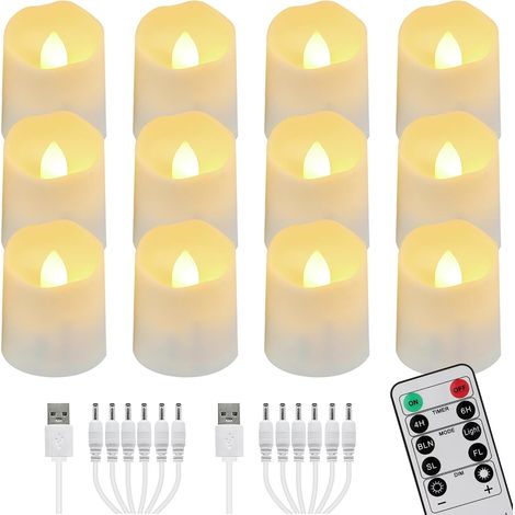 Bougies LED rechargeables USB avec minuterie, télécommande, flamme vacillante, blanc chaud, décoration pour Noël, Halloween et fêtes de famille, 4 x 4,5 cm, blanc chaud, lot de 12 (1/5)
