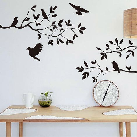 Sticker mural branches d'arbre avec oiseaux, en vinyle, motif feuilles, 57 x 35 cm, noir (1/4)