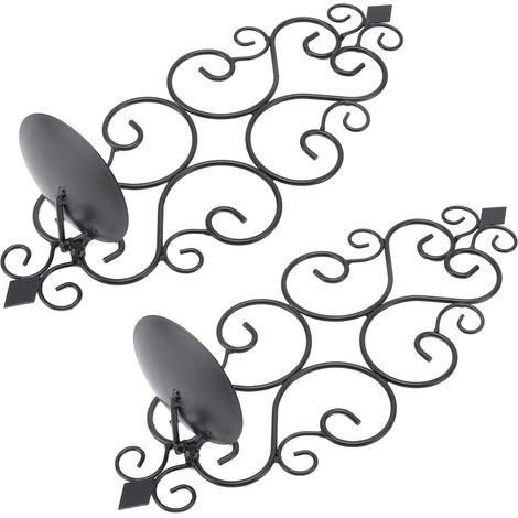Lot de 2 porte-bougies mural européens classiques, supports à bougies noirs en fer forgé courbé, plateau pour bougies colonnes. (1/5)