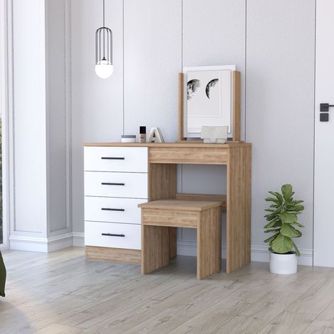 Tavolo da trucco Kaia con specchio e sedia inclusi, dimensioni 126,7 cm L x 100 cm L x 42,5 cm P, finitura Honey/White (1/5)