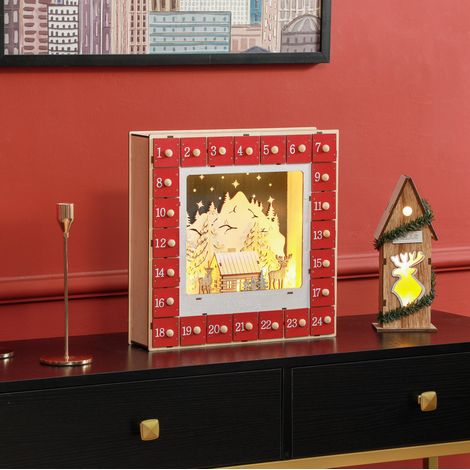 Calendrier de l'Avent à remplir 34 x 7 x 34 cm en MDF rouge, LED, déco de Noël moderne FloraGrace (1/5)