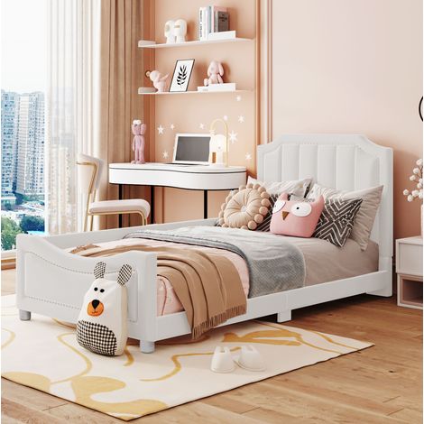 Lit simple 90x200 enfant banquette flanelle beige HAVRYA (1/5)